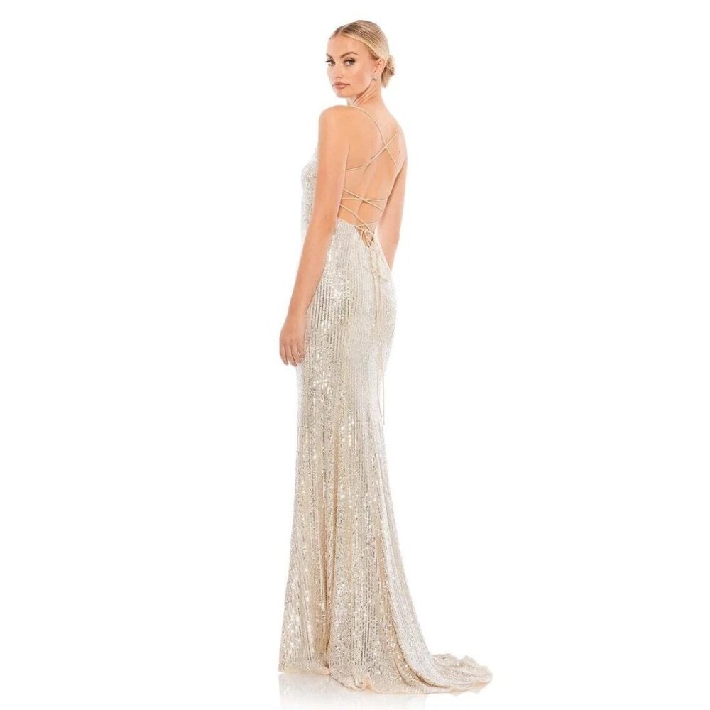 NWT Mac Duggal silver stretch sequin lace up back evening gown